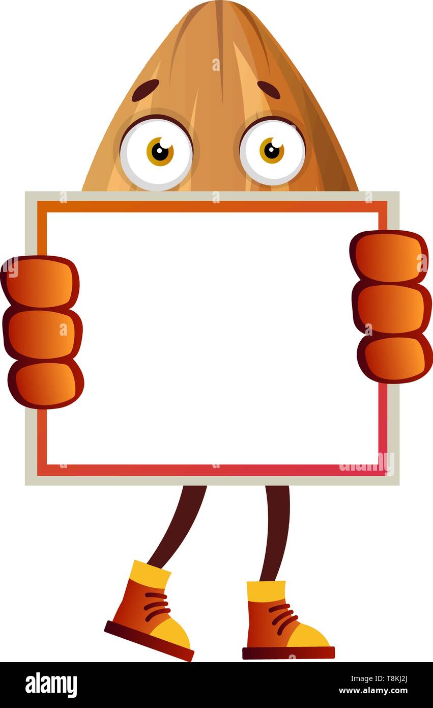 Almond ha scheda bianca nelle sue mani, illustrazione vettore su sfondo bianco. Illustrazione Vettoriale