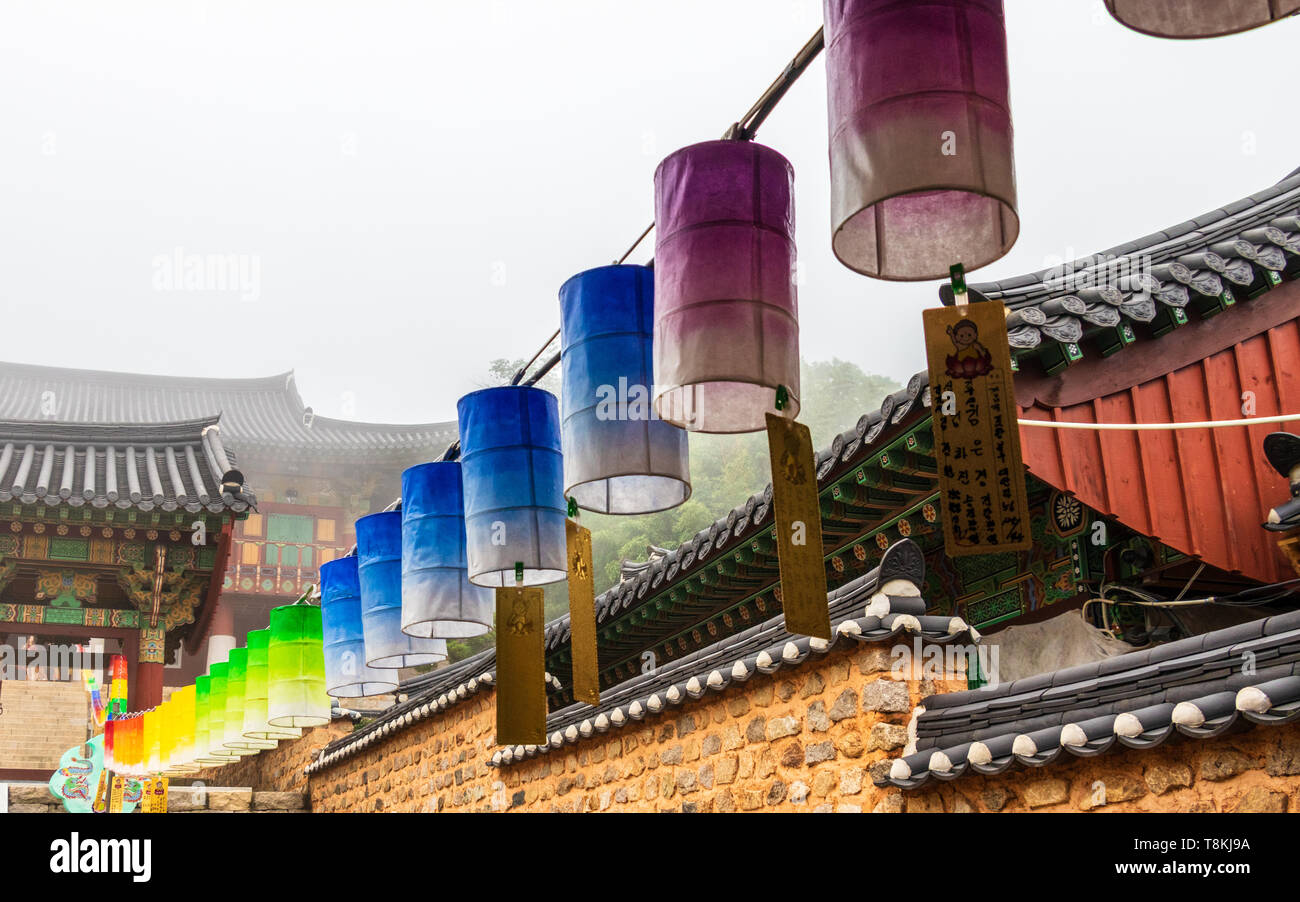 Fila di belle lanterne di carta. Il festival è una celebrazione della nascita di Buddha nel tempio buddista Beomeosa, Busan, Corea del Sud, Asia Foto Stock