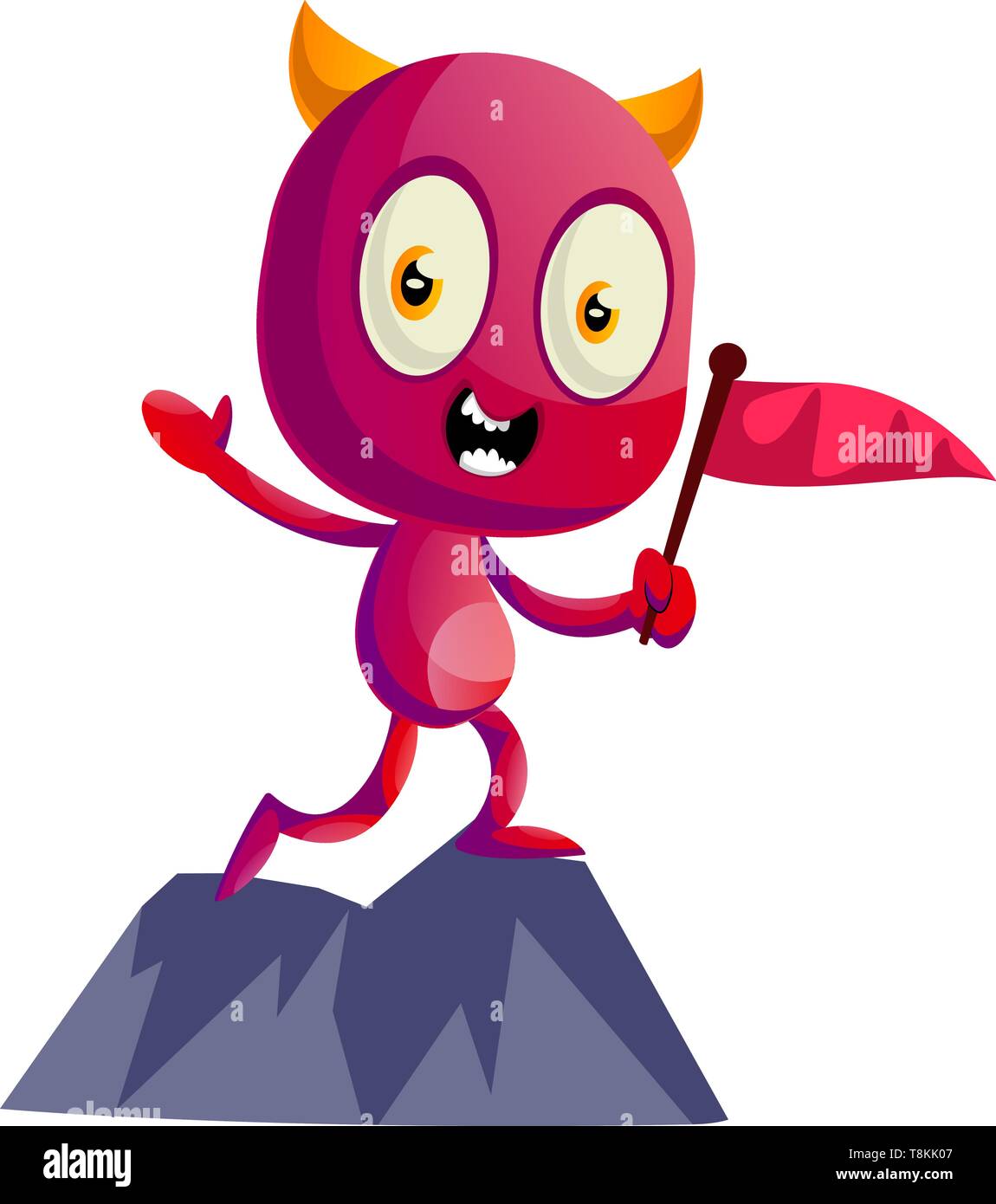 Diavolo sulla montagna con bandiera, illustrazione vettore su sfondo bianco. Illustrazione Vettoriale