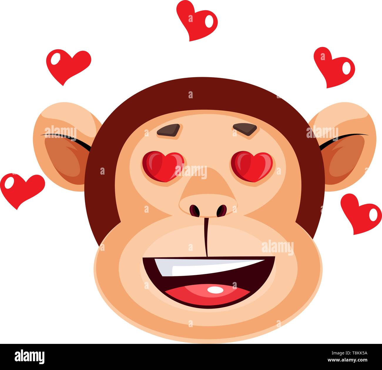 Monkey faccia felice con cuori, illustrazione vettore su sfondo bianco. Illustrazione Vettoriale