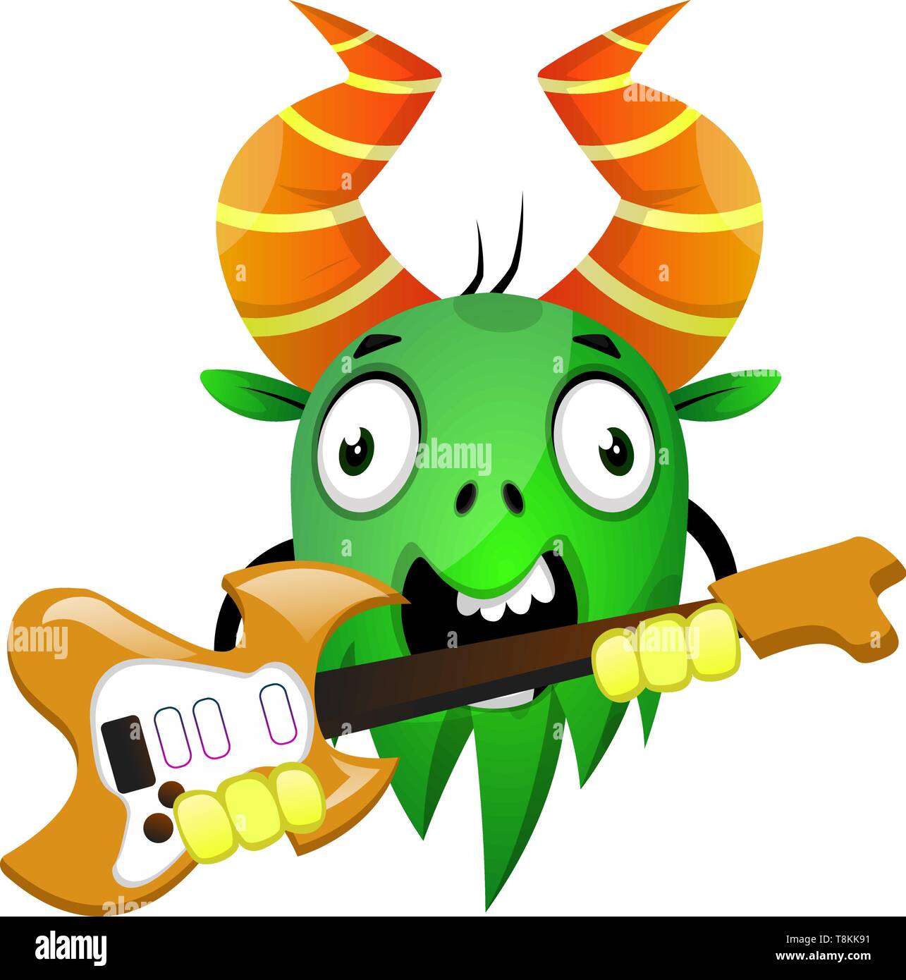 Cartoon monster tenendo una chitarra elettrica, illustrazione vettore su sfondo bianco. Illustrazione Vettoriale