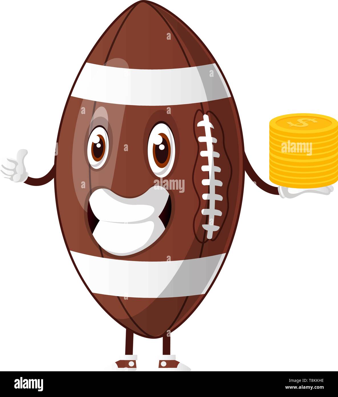 Pallone da rugby holding monete, illustrazione, vettore su sfondo bianco. Illustrazione Vettoriale