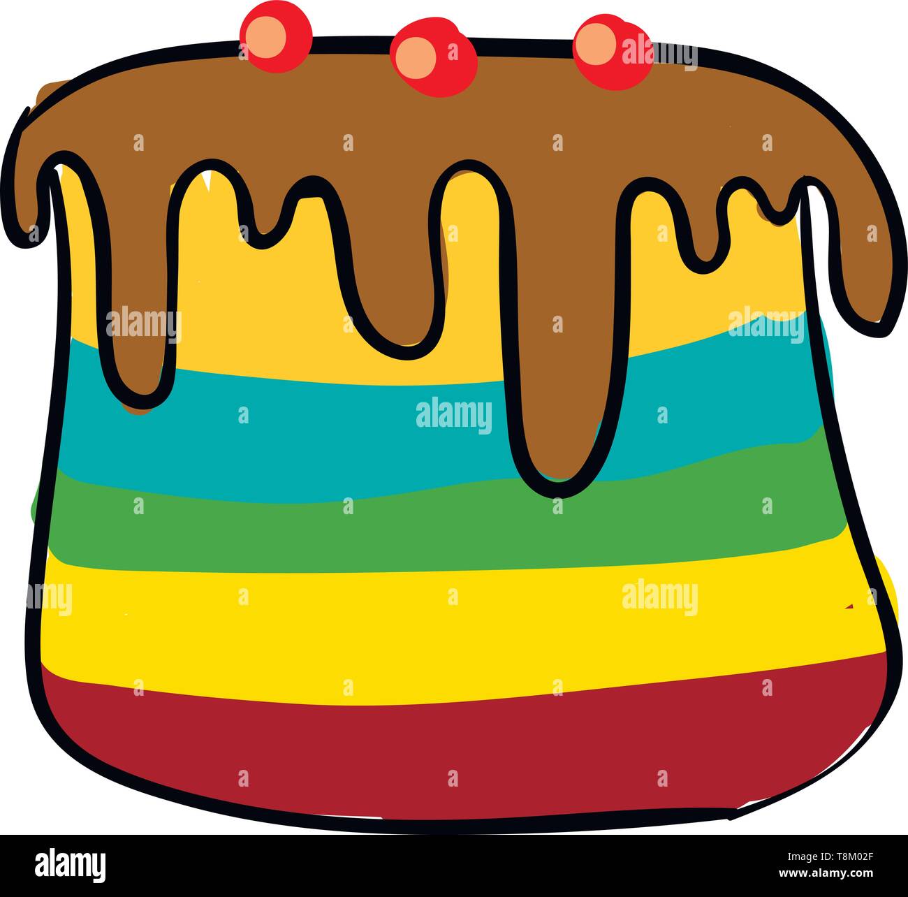 Un grande multi-colore di Torta con glassa di cioccolato e ciliegie sulla parte superiore, il vettore, il colore di disegno o illustrazione. Illustrazione Vettoriale