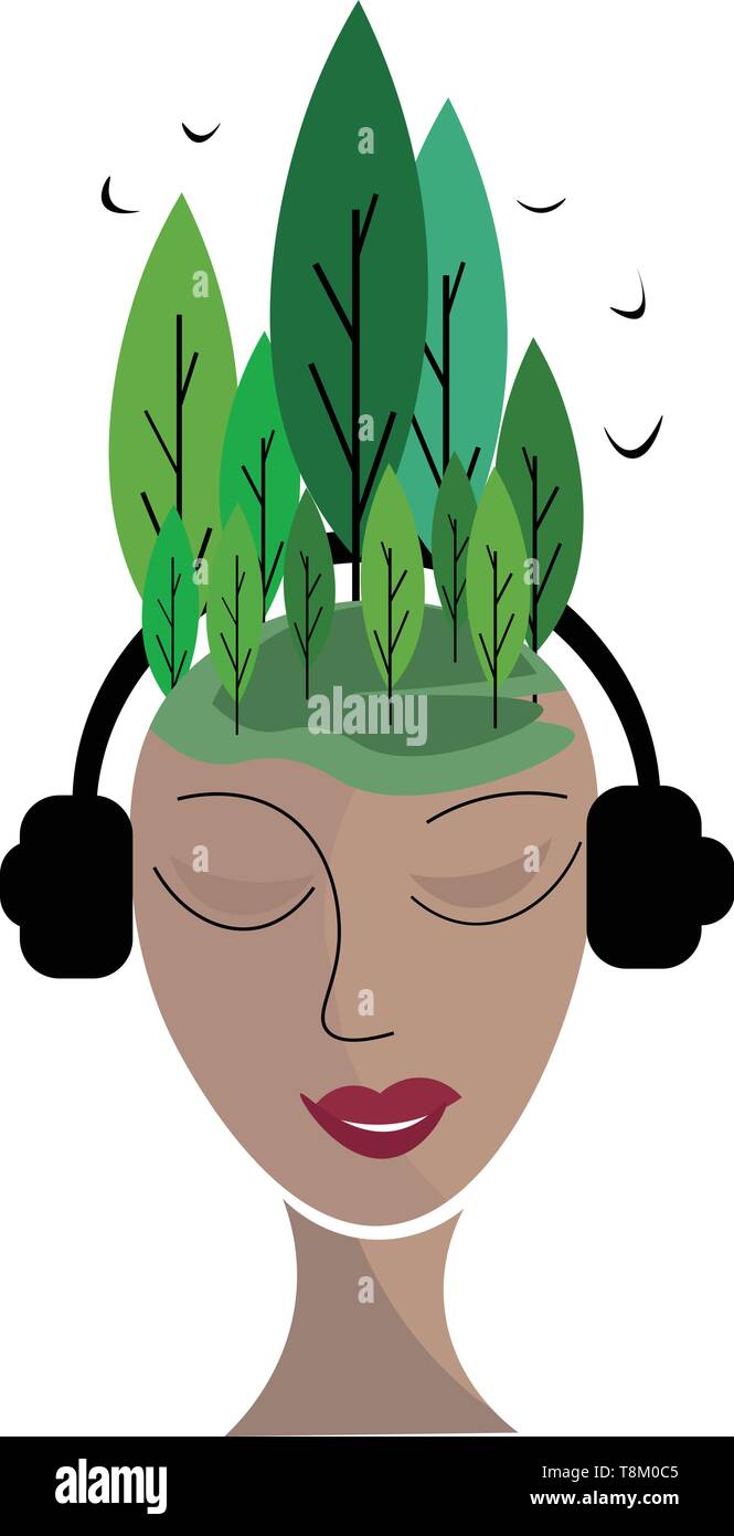 Una donna di ascolto di musica con cuffie e con gli alberi sul suo capo, il vettore, il colore di disegno o illustrazione. Illustrazione Vettoriale