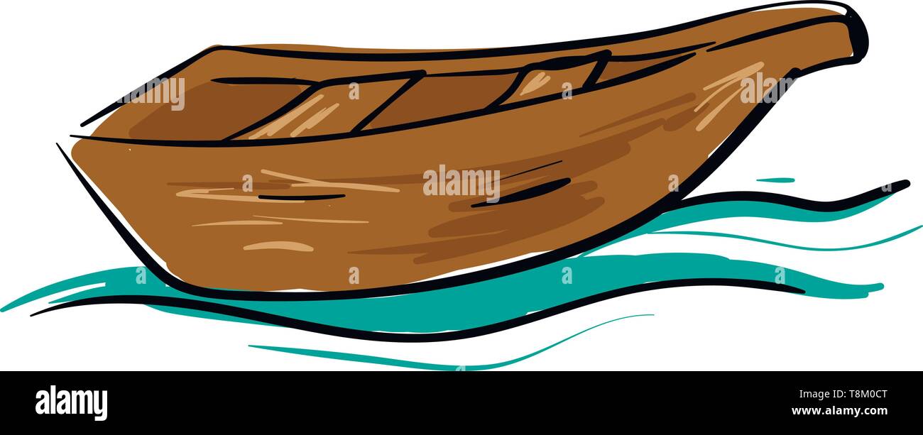 Una barca di legno con due sedi sulle acque blu , il vettore, il colore di disegno o illustrazione. Illustrazione Vettoriale