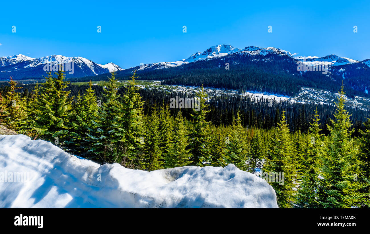 La Snow capped Coast Mountains lungo l'autostrada 99, chiamato Duffey Lake Road, come si snoda attraverso la costa la gamma della montagna nella bellissima BC, Canada Foto Stock