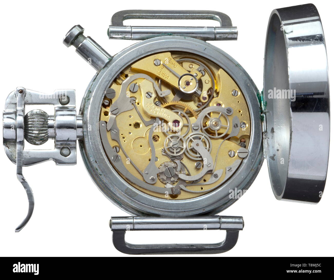 Un cronometro per i membri dell'equipaggio di aerei bombardieri involucro di nichel con i titolari di piegatura per il cinturino in pelle. Corona di avvolgimento e di bottone a pressione con estensione (meccanismo di riavvolgimento). Premere una seconda volta il pulsante di attivazione del cambiamento di un in senso orario ad una rotazione in senso antiorario. Quadrante nero con due scale, cifre luminescenti e mani, lunetta girevole. Realizzato da "Universal-Geneve - A. Cairelli Roma". Circolazione inscritta come precedentemente menzionato, coperchio pieghevole con il segno di riferimento "U.W.' e '742597 - 39901'. Marrone con custodia in pelle. Misure 72 x 76 x 25 mm. Cfr. Knirim, Militäruhren, p. 155. Cronometro st, Editorial-Use-solo Foto Stock