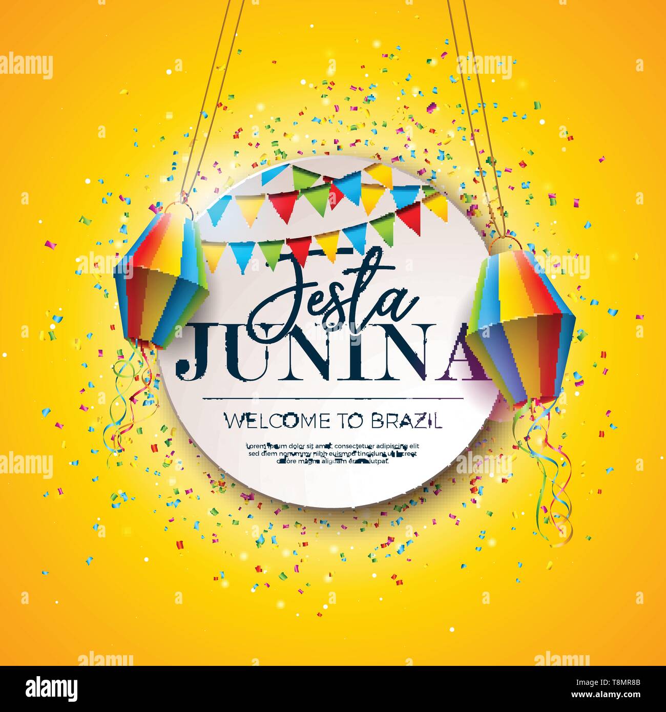 Festa Junina Design Festival con bandiere di partito e lanterne di carta colorata su sfondo di confetti. Vettore Brasile tradizionale celebrazione di giugno Illustrazione Vettoriale