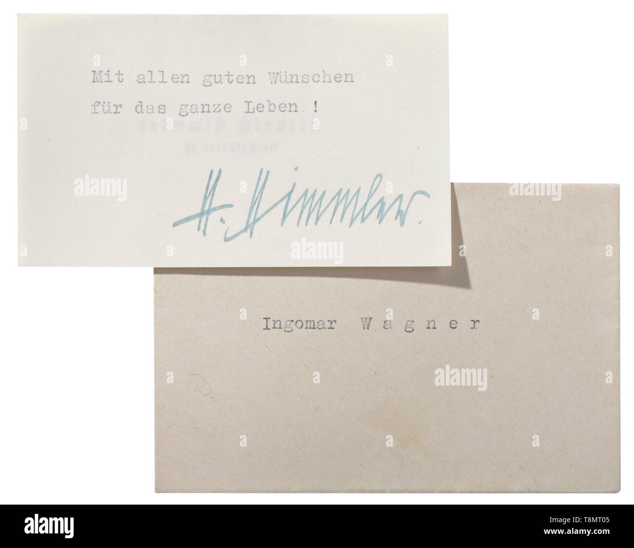 Reichsführer SS Heinrich Himmler - un biglietto da visita con la sua firma originale inviato al suo figlioccio Ingomar Wagner retro porta la dedizione dattiloscritte 'Messa allen guten Wünschen für das ganze Leben!' (tr. Con tutti i buoni auspici per tutta la vostra vita!) e la firma originale di Heinrich Himmler , in inchiostro. Nome e posizione ufficiale scritta sulla parte anteriore. Le dimensioni della carta 10 x 6 cm. Include la presentazione originale busta recante il figlioccio nome. storica, storica del xx secolo, 1930S, 1940s, Waffen-SS Divisione armati delle SS, servizio armato, servizi armati, NS, Na, Editorial-Use-solo Foto Stock