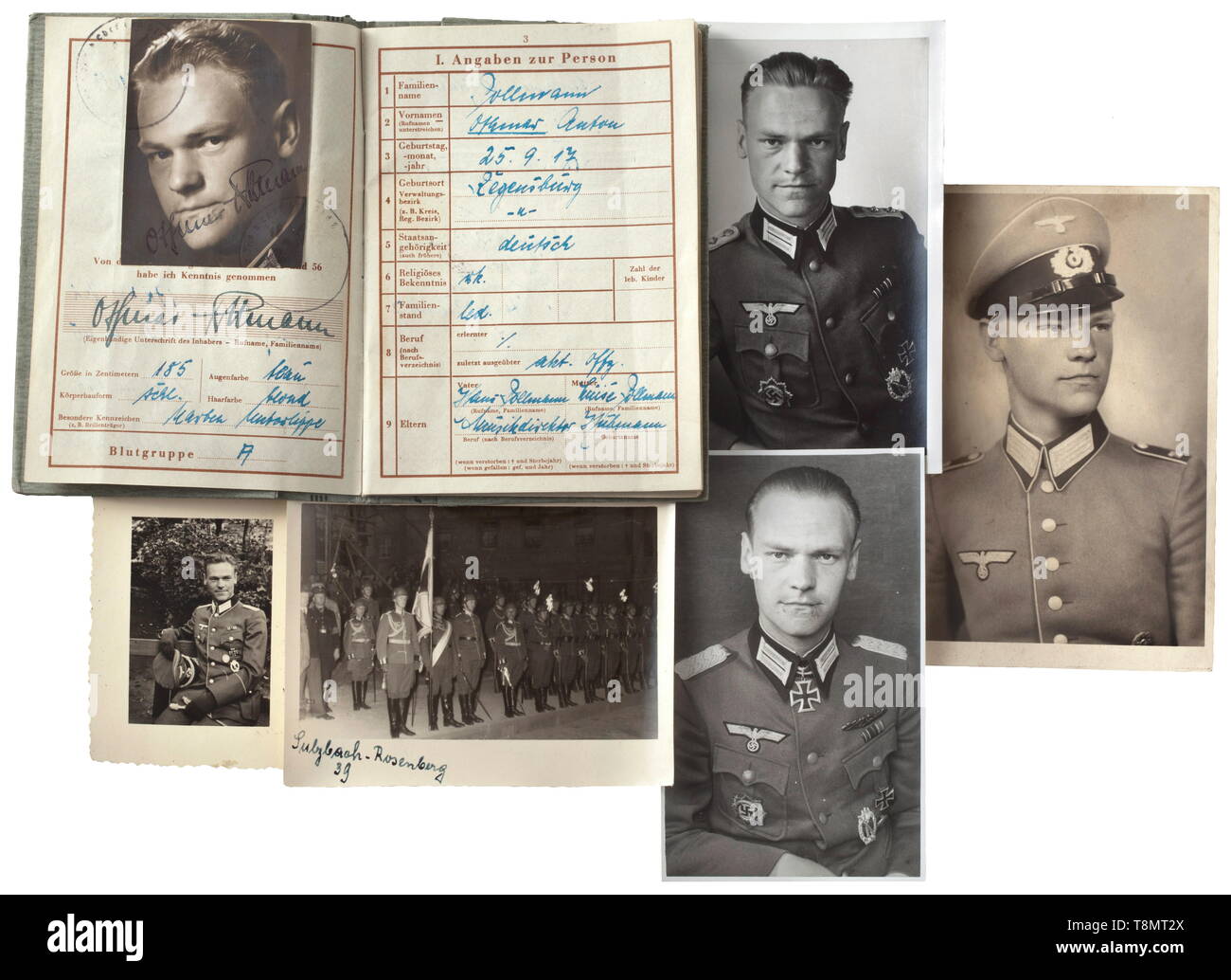 Wehrpass e foto di foglie di quercia vincitore Othmar Pollmann Il Wehrpass (servizio militare libro) con photo id, rilasciato il 16 aprile 1945 a Bad Reichenhall attraverso il Capo di Stato Maggiore dell esercito e alto comando (OKH) rispettivamente. Con numerose iscrizioni: servizio distacchi (IR 20, 95.ID tra gli altri), corsi di formazione e corsi di istruzione, combatte, soggiorni in ospedale, promozioni e decorazioni. Tra gli altri premi, ha ricevuto le foglie di quercia per la Knight's Cross, il tedesco della croce in oro e il combattimento ravvicinato Fermatura in argento e bronzo (vedere pagina 24). Il Wehrpass è in buone condizioni, il Editorial-Use-solo Foto Stock Wehrpass e foto di foglie di quercia vincitore Othmar Pollmann Il Wehrpass (servizio militare libro) con photo id, rilasciato il 16 aprile 1945 a Bad Reichenhall attraverso il Capo di Stato Maggiore dell esercito e alto comando (OKH) rispettivamente. Con numerose iscrizioni: servizio distacchi (IR 20, 95.ID tra gli altri), corsi di formazione e corsi di istruzione, combatte, soggiorni in ospedale, promozioni e decorazioni. Tra gli altri premi, ha ricevuto le foglie di quercia per la Knight's Cross, il tedesco della croce in oro e il combattimento ravvicinato Fermatura in argento e bronzo (vedere pagina 24). Il Wehrpass è in buone condizioni, il Editorial-Use-solo Foto Stock