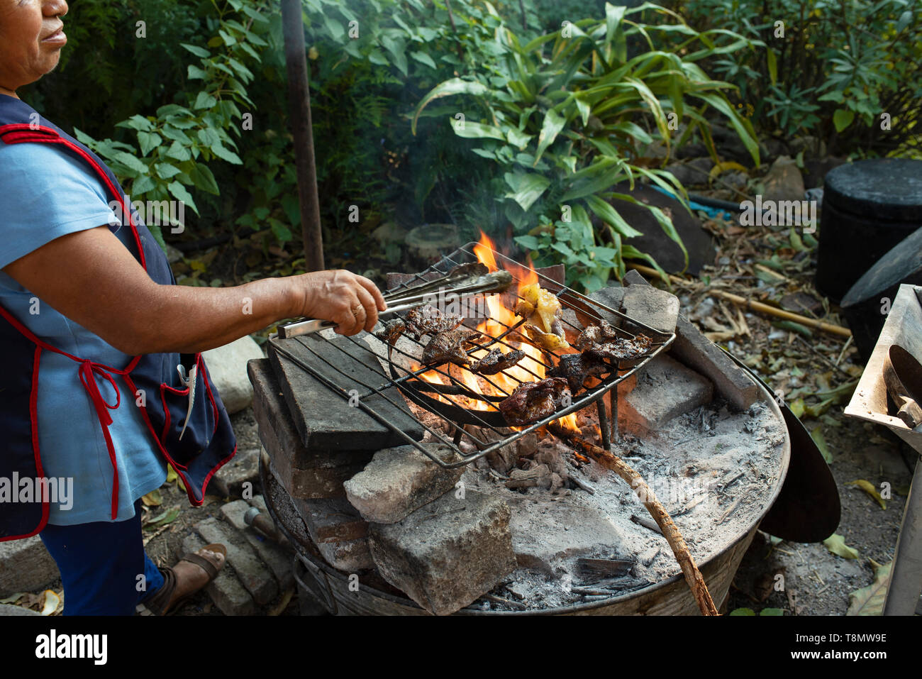 Cucina esterna con un fuoco aperto. Zapoteco donna tostatura di carne per la cena. Teotitlan del Valle, Stato di Oaxaca, Messico. Apr 2019 Foto Stock