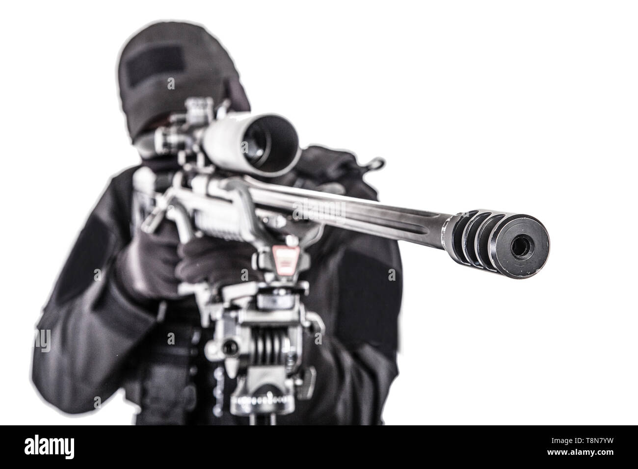 La polizia delle forze speciali sniper mirando con un fucile Foto Stock