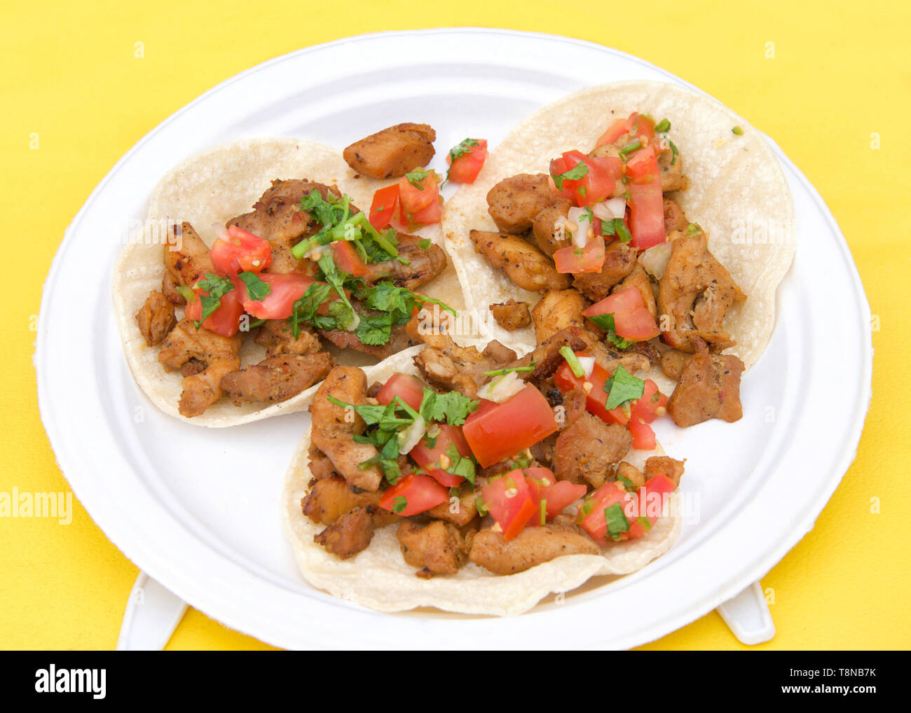 Libro bianco con piastra chicken street tacos su giallo tovaglia. Popolari street fair cibo. Foto Stock