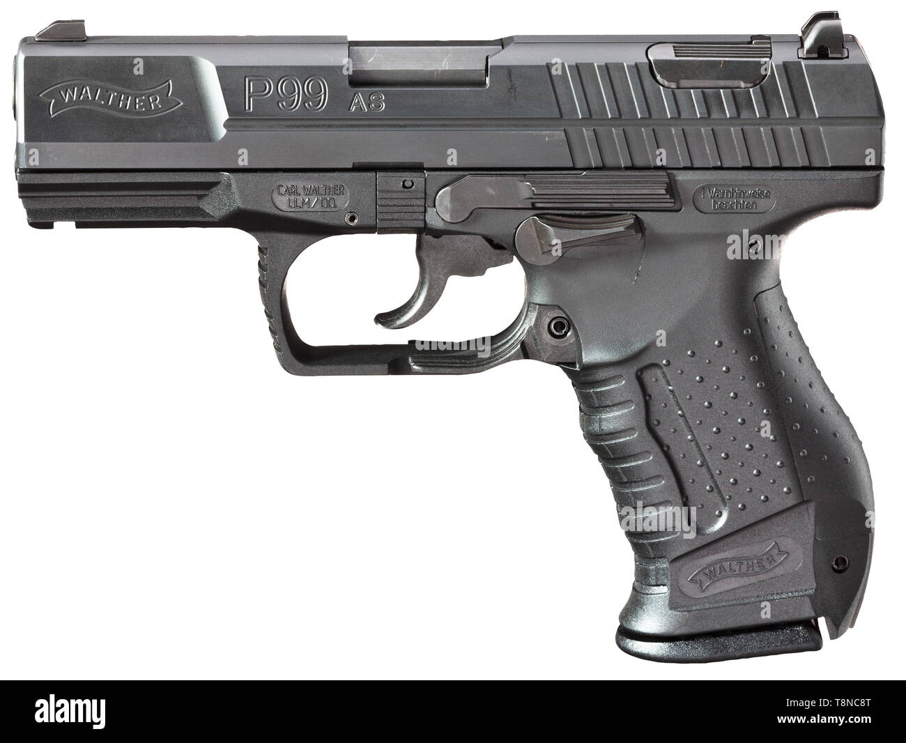 Una Walther P 99 come 'Südafrika', manualmente con sicurezza controllata Cal. 9 mm x 19, n. SAP01012. I numeri corrispondenti. Prova di tedesco Marco 2009. Simili a specchio alesaggio, lunghezza della canna 98 mm. Anti-stress trigger con leva di sblocco sul lato superiore di azione. In seguito P 99 modello con ampie scanalature del dito su azione. Attrazioni turistiche con 3 punti segni di crepuscolo, luminescente. Polimero telaio di presa con montaggio modificati e rampa round guardia. Vite lunga leva di cattura e a lungo fermo caricatore leva. Controllato manualmente la sicurezza come una caratteristica speciale su entrambi i lati del telaio di presa, posi, Additional-Rights-Clearance-Info-Not-Available Foto Stock