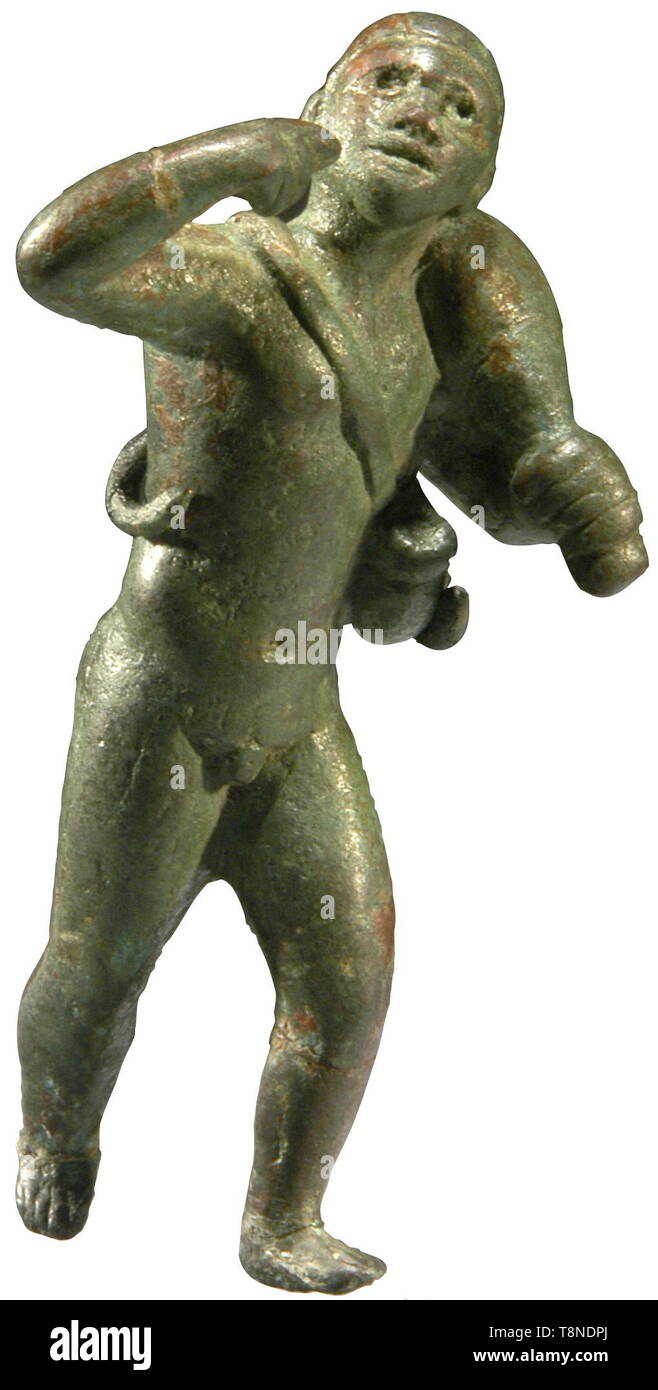 Un bronzo ellenistiche la figura di schiavo e il III secolo A.C. la Figura in esecuzione in avanti, la sua mano sinistra a sostegno di un grande otre espulso sulla sua spalla, indossa una cintura toracica con annessa la zucca, la sua mano destra sollevata e i suoi capelli tirati indietro e legati in un top-nodo. Altezza 8,8 cm. Provenienza: francese collezione privata, 1930 - 1960, da lì in discesa. Christie's, Londra, 30 aprile 2008, n. 161. USA-lotto, vedere pagina 5. storica, storica mondo antico, antichità greca, Hellas, mondo antico, Additional-Rights-Clearance-Info-Not-Available Foto Stock