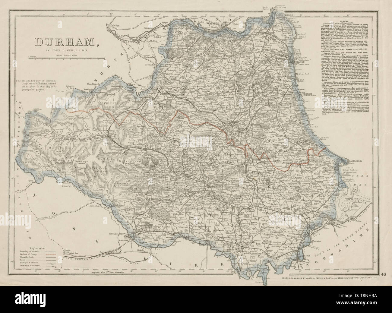 Contea di Durham mappa antichi. Sunderland Hartlepool. Le ferrovie. DOWER 1863 vecchio Foto Stock