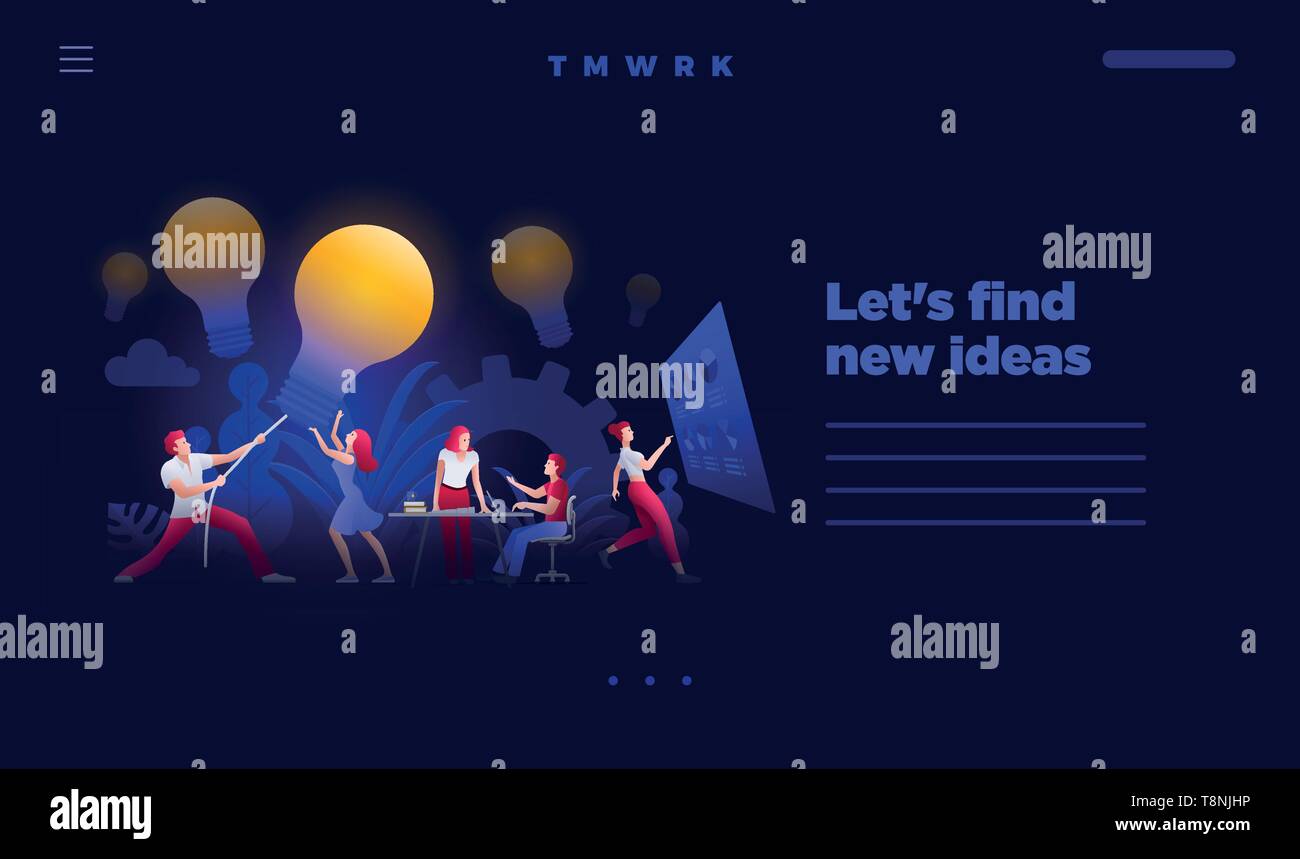 La gente di affari e riunioni di brainstorming e di ricerca, trovare e caccia di nuove idee e soluzioni e opportunità. Concetto di vettore principale del sito web di design di pagina Illustrazione Vettoriale