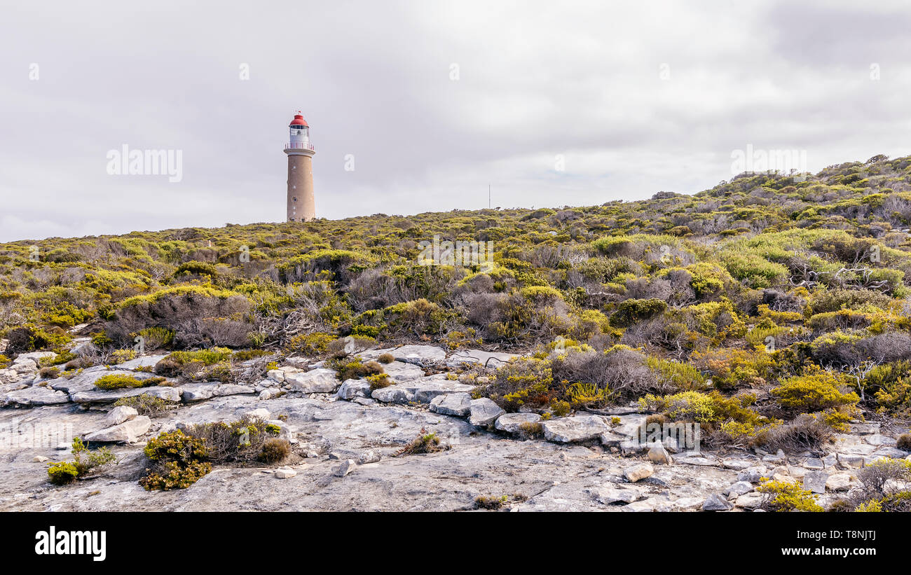 La splendida Cape du Couedic faro su un giorno nuvoloso, Kangaroo Island, Australia Meridionale Foto Stock