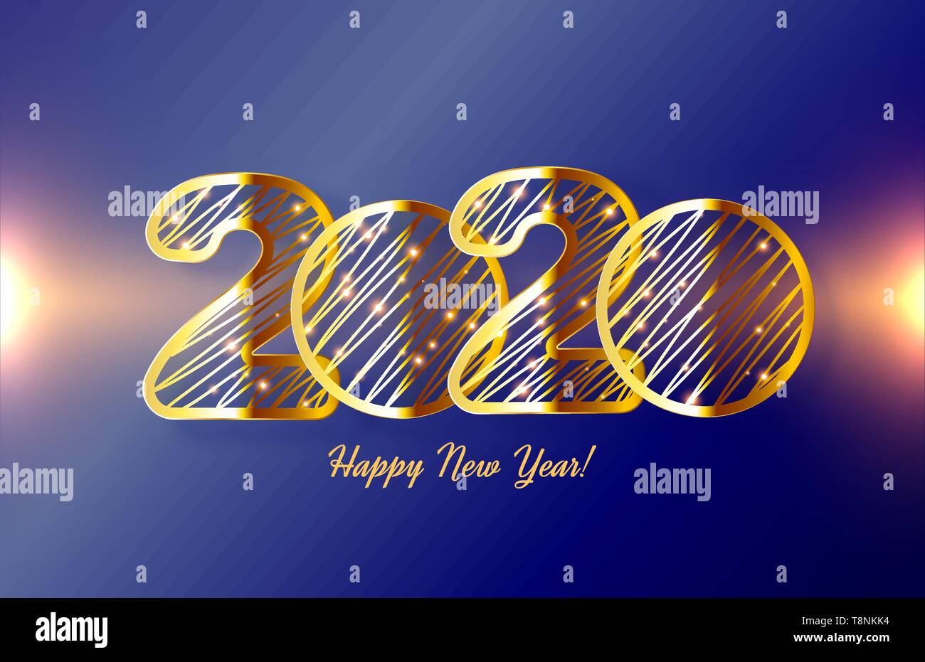 Golden realistica 3D 2020 isolata su sfondo blu. Concept design per il Felice Anno Nuovo, vacanze di Natale. Illustrazione Vettoriale Illustrazione Vettoriale