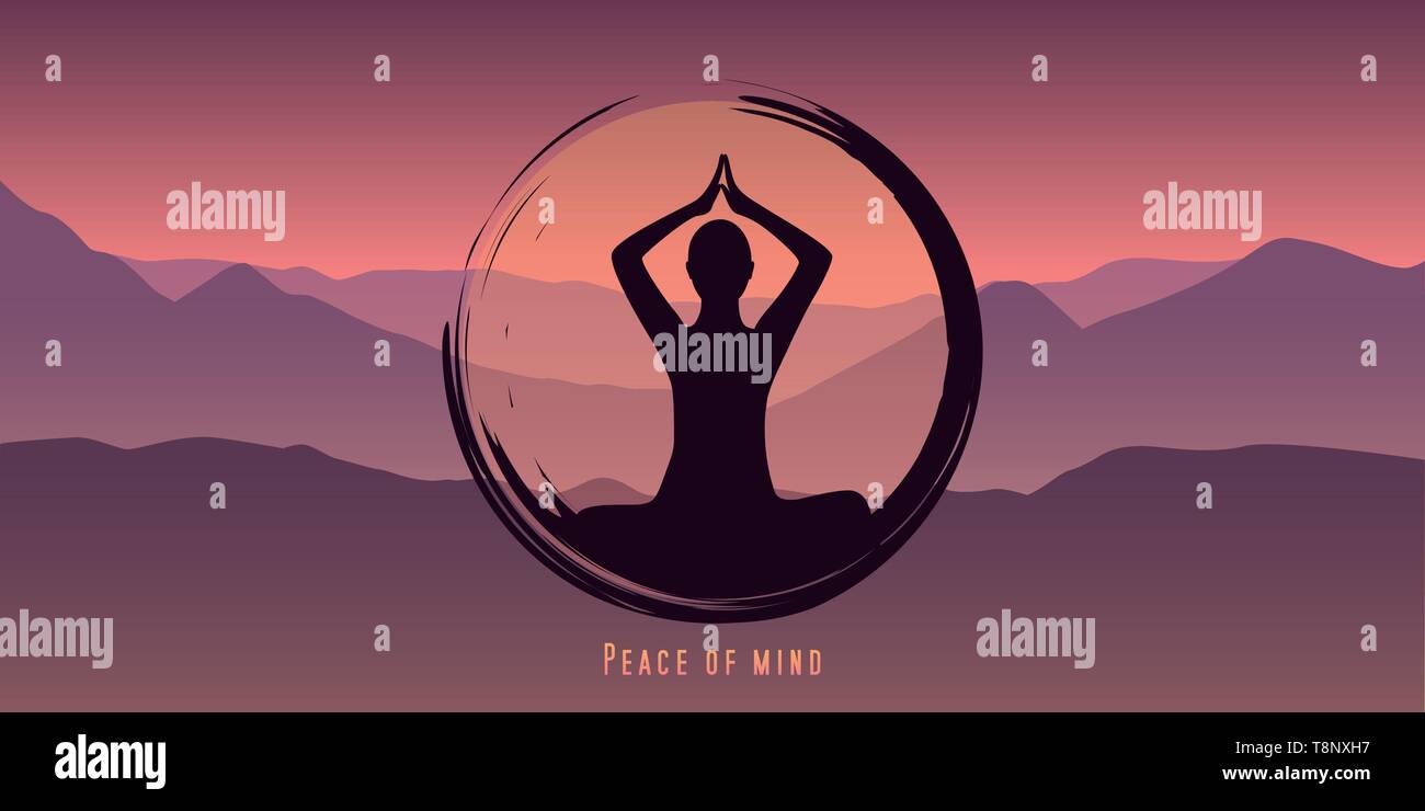 La pace della mente il concetto di meditazione con silhouette sullo sfondo di montagna illustrazione vettoriale EPS10 Illustrazione Vettoriale