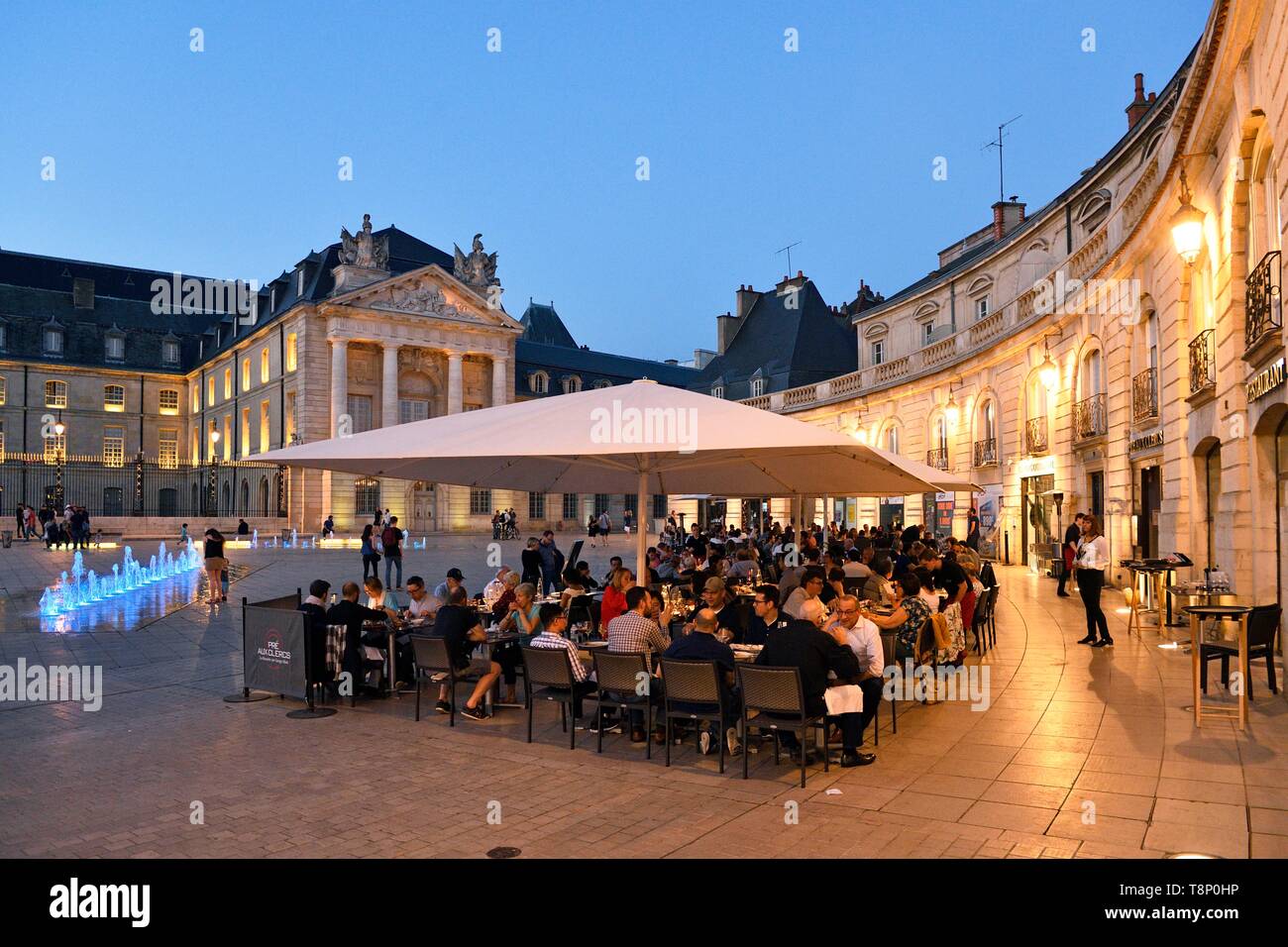 Francia, Cote d'Or, Dijon, fontane sulla place de la Libération (liberazione) piazza di fronte al Palazzo dei Duchi di Borgogna che ospita il municipio e il Museo delle Belle Arti Foto Stock