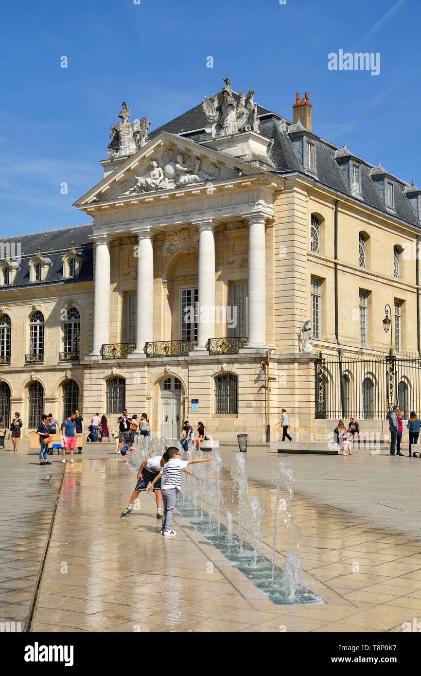 Francia, Cote d'Or, paesaggio culturale di Borgogna climi elencati come patrimonio mondiale dall' UNESCO, Dijon, fontane sulla place de la Libération (liberazione) piazza di fronte al Palazzo dei Duchi di Borgogna che ospita il municipio e il Museo delle Belle Arti Foto Stock