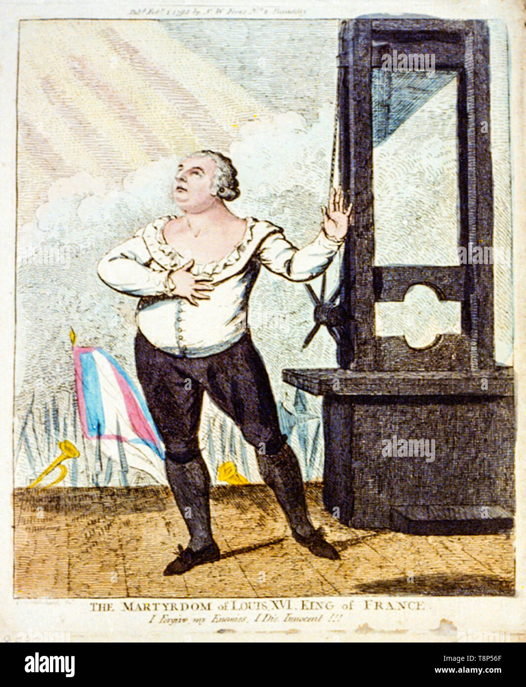 Louis XVI affrontando la morte, in piedi, con un drammatico pongono, accanto a una ghigliottina, lato attacco colorati, incisione, Isaac Cruikshank, 1793 Foto Stock