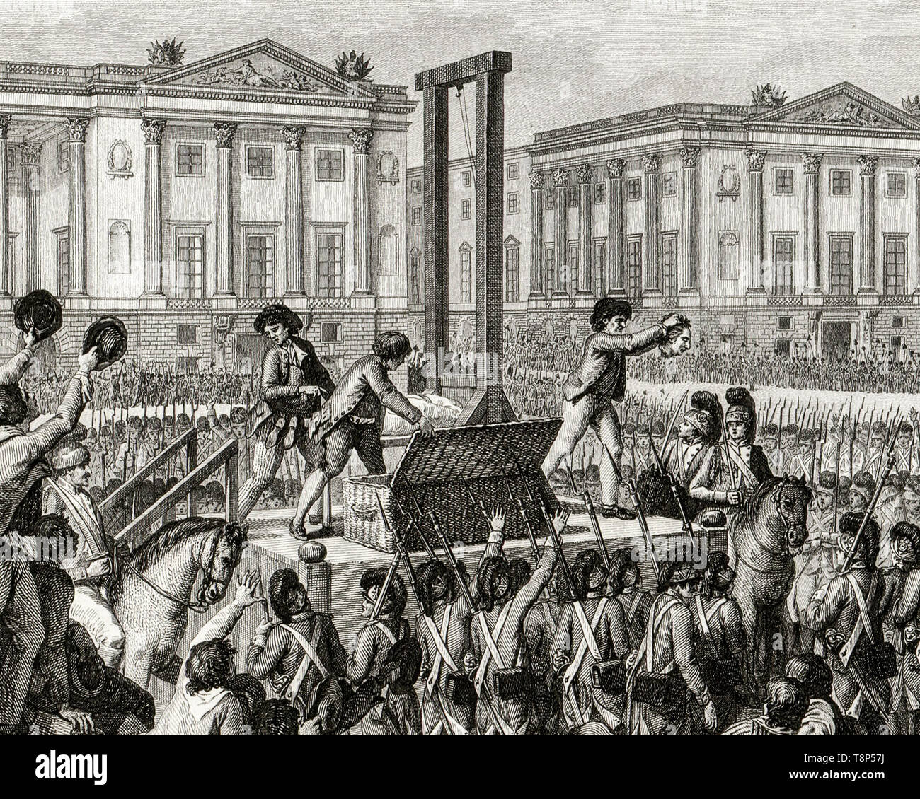 Rivoluzione francese. Esecuzione di Luigi XVI. 21st gennaio 1793 la morte di Luigi Capet (Luigi XVI) in Place de la Revolution, Parigi, incisione 1794 Foto Stock