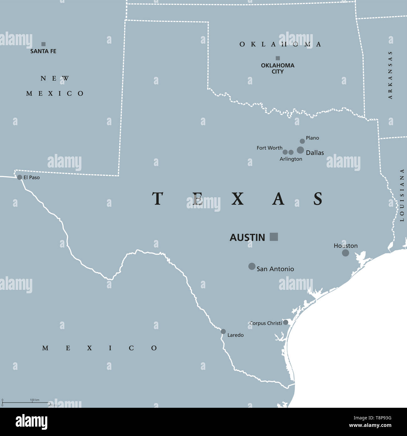 Texas mappa politico con capitale Austin. Membro nel centro sud della regione degli Stati Uniti d'America, delimitato dal golfo del Messico. Foto Stock