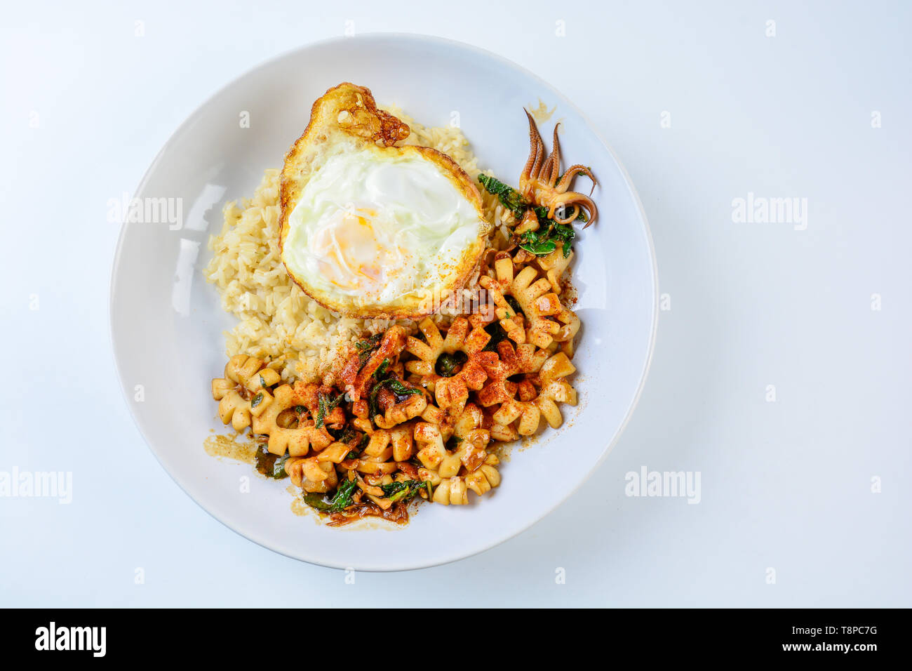 Agitare piccante calamari fritti con foglie di basilico e peperoncino, soleggiato lato fino all'uovo, servito con riso marrone. Piccante e speziato tipico piatto. Foto Stock