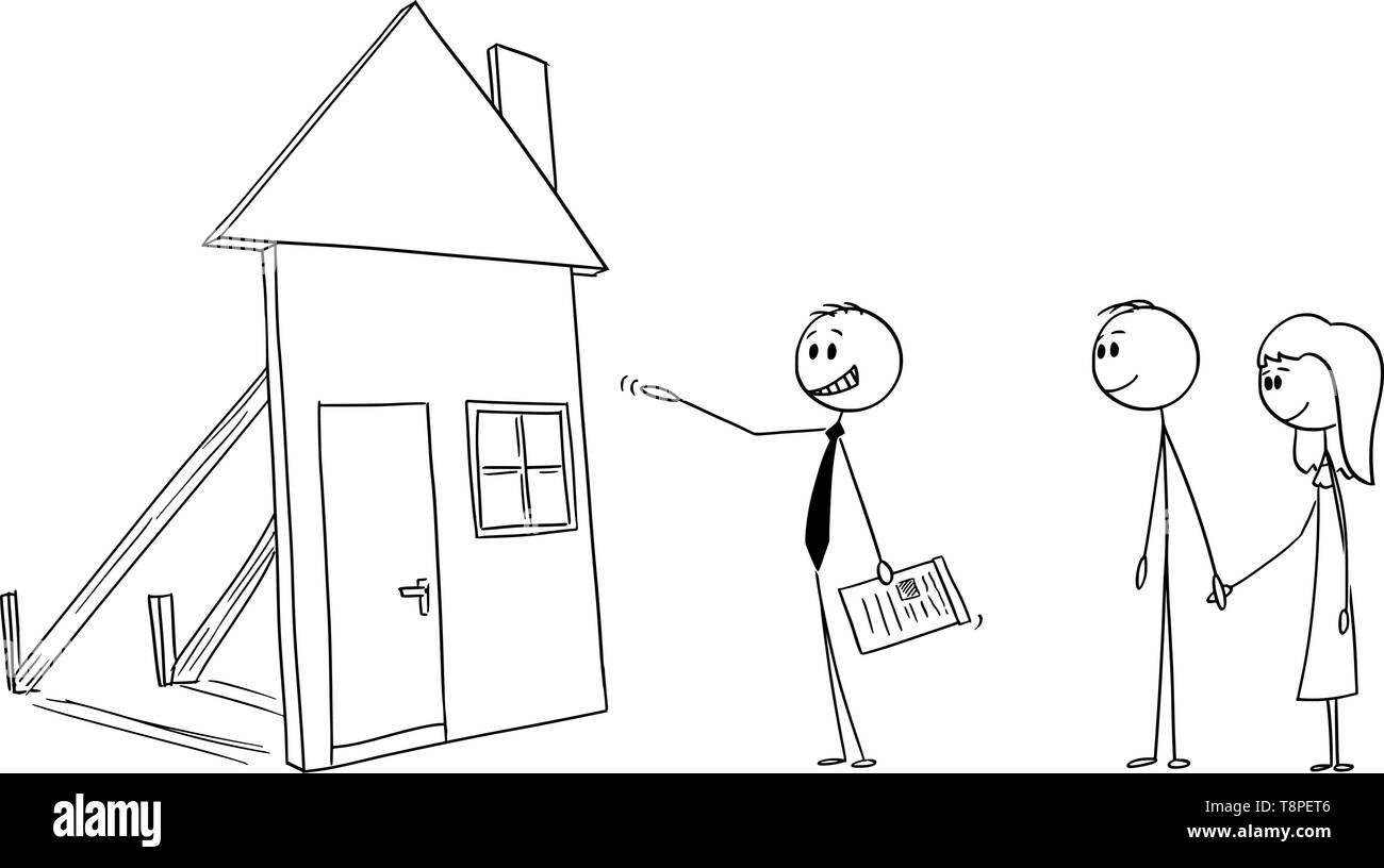Vector cartoon stick figura disegno illustrazione concettuale di imprenditore o agente immobiliare o agente o un agente immobiliare che offre fake mock-up casa famiglia per coppia giovane. Concetto di frode o alloggiamento bolla. Illustrazione Vettoriale