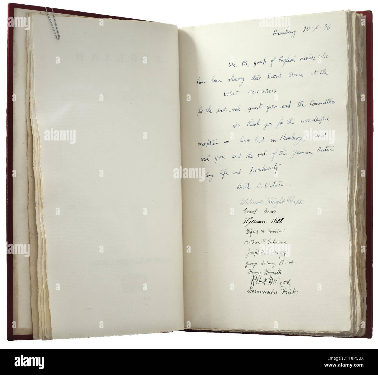 Congresso mondiale per lo svago e la ricreazione - Amburgo 23 - 30 luglio 1936 una fotografia e album di autografi presentati a Rudolf Heß, Patrono del Congresso che è iniziata solo una settimana prima dei Giochi Olimpici di Berlino. Il frontespizio con scritte a mano i dedi del xx secolo, Editorial-Use-solo Foto Stock