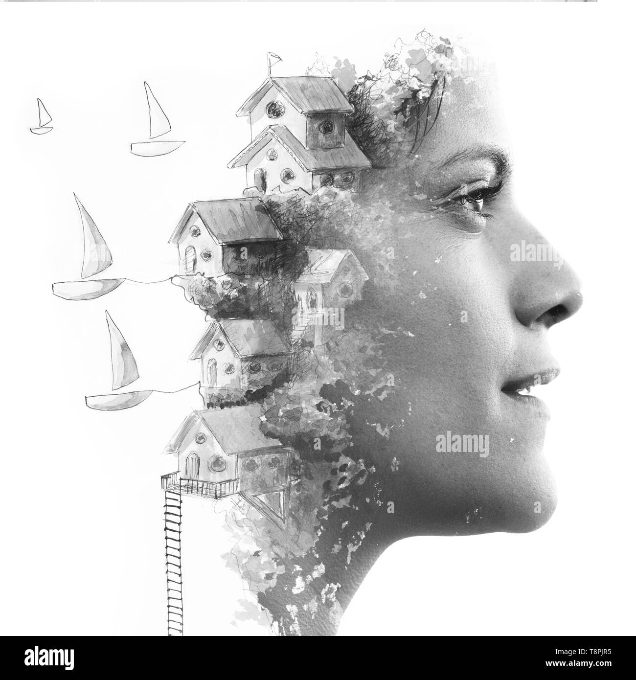 Paintography. Doppia esposizione. Profilo femmina ritratto artistica combinata con la pittura surrealista di case e barche a vela in bianco e nero Foto Stock