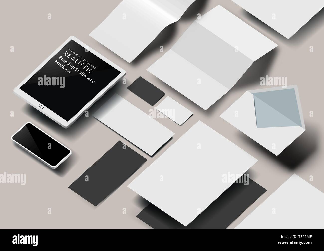 Un set di realistica di cancelleria per ufficio e strumenti mockup modello con effetto 3D. Illustrazione Vettoriale. Illustrazione Vettoriale