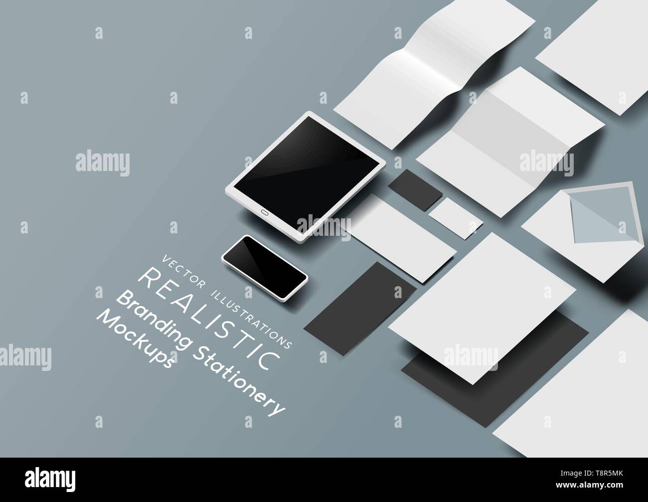 Un set di realistici articoli di cancelleria e strumenti mockup modello con effetto 3D. Illustrazione Vettoriale. Illustrazione Vettoriale