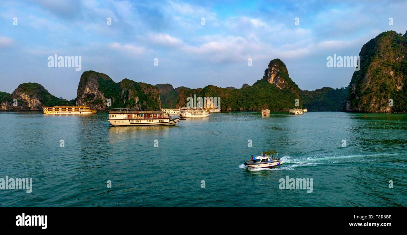 Il Vietnam, Golfo del Tonchino, Quang Ninh provincia, la baia di Ha Long (Vinh Ha Long) elencati come patrimonio mondiale dall' UNESCO (1994), iconico paesaggio del Carso landforms, navi da crociera Foto Stock