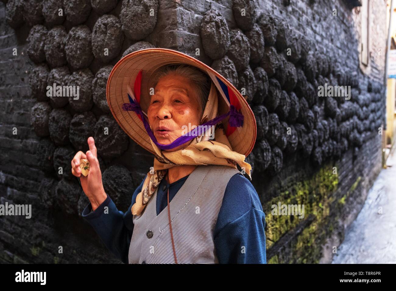Il Vietnam, Bat Trang, vicino Hanoi, ceramista Village, Donna sorridente anteriore delle zolle di carbone bloccati su una parete di una casa tradizionale Foto Stock
