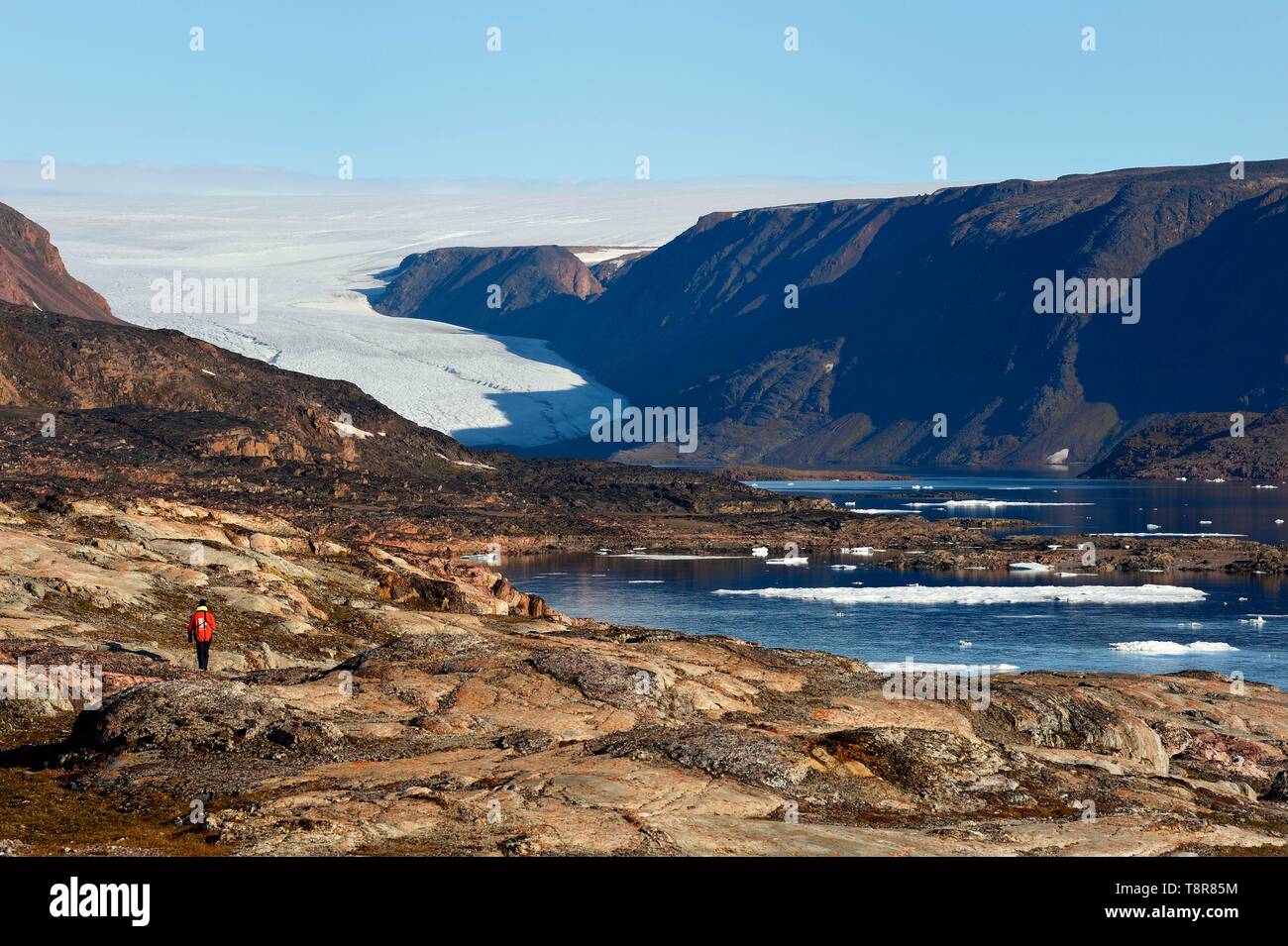 La Groenlandia, North West Coast, Smith sound a nord della baia di Baffin, Inglefield Land, escursionismo sul sito Etah nel fiordo Foulke, oggi abbandonati camp Inuit che è servito come base per numerose spedizioni polari, Fratello Giovanni del ghiacciaio Foto Stock