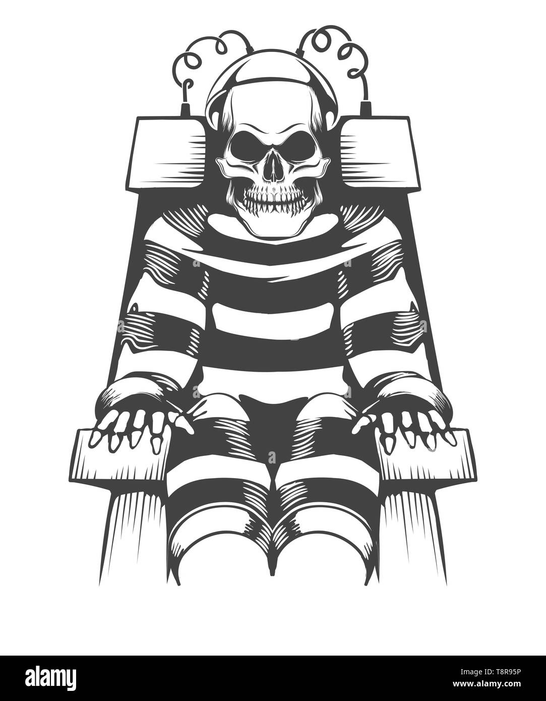 Scheletro umano siede sulla sedia elettrica. Sentenza e il concetto di punizione in stile tatuaggio. Illustrazione Vettoriale Illustrazione Vettoriale