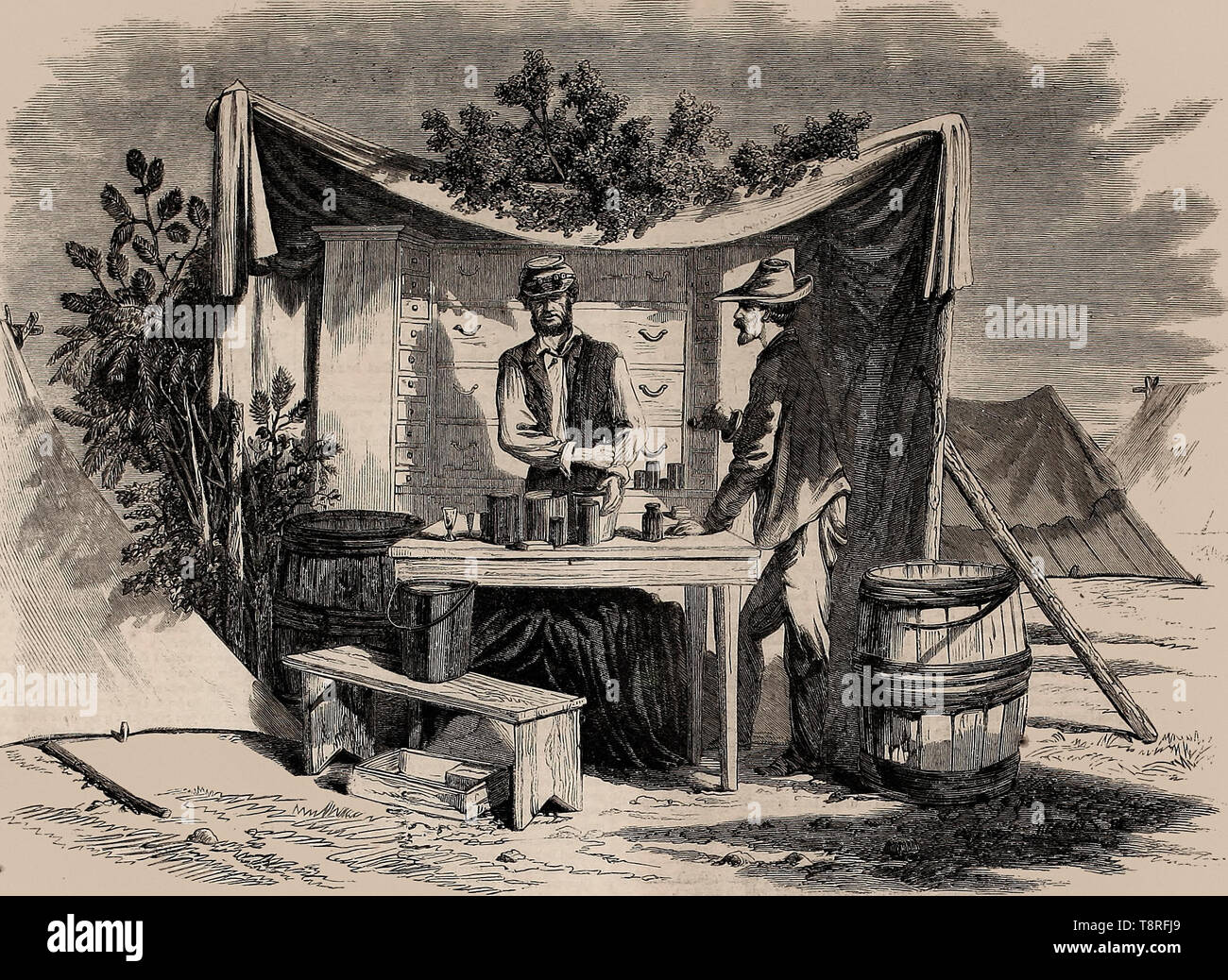 Camp scene durante la Guerra Civile Americana - Un esercito Drug Store - Ospedale Steward Foto Stock