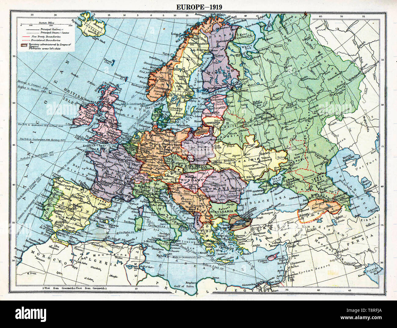 Mappa di Europa delle divisioni politiche nel 1919 (dopo i trattati di Brest-Litovsk e Versailles e prima che il trattato di Trianon, Riga, Kars e la creazione dell Unione Sovietica e delle repubbliche di Irlanda e Turchia. Foto Stock