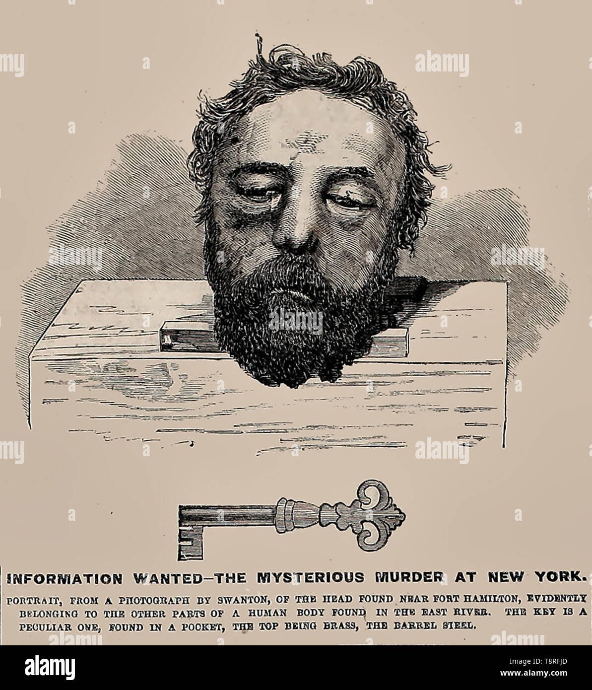 Informazioni voluto annuncio a New York nel 1864 - Il misterioso omicidio a New York - Testa trovato vicino a Fort Hamilton, evidentemente appartenenti ad altre parti di un corpo umano trovato nell'East River, con una inusuale chiave di ottone Foto Stock