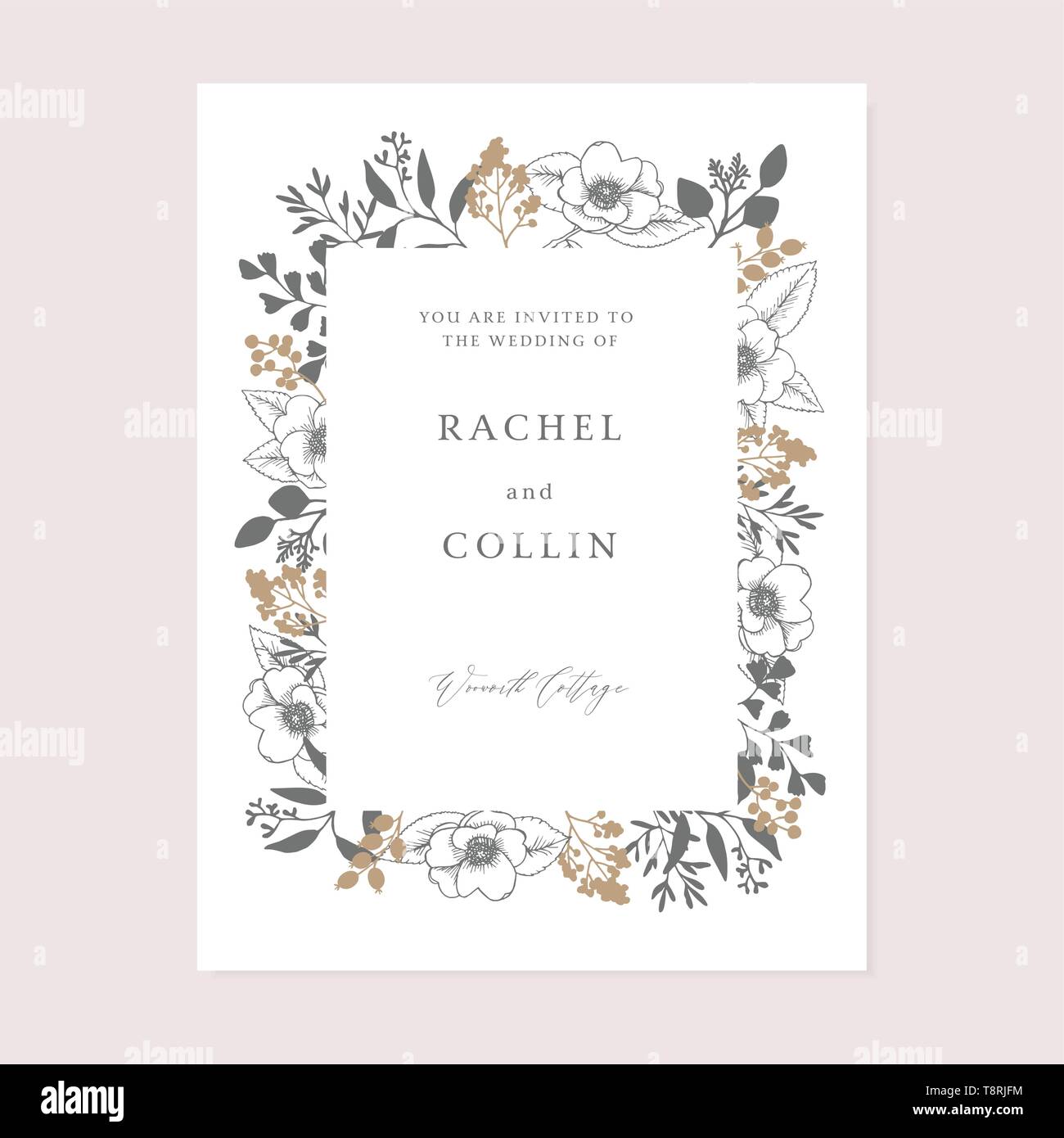 Invito a nozze, salva la data card. Cornice floreale fatta di rose fiori, frutti di bosco e eucalipto foglie e rami. Elegante incisione floreale Illustrazione Vettoriale