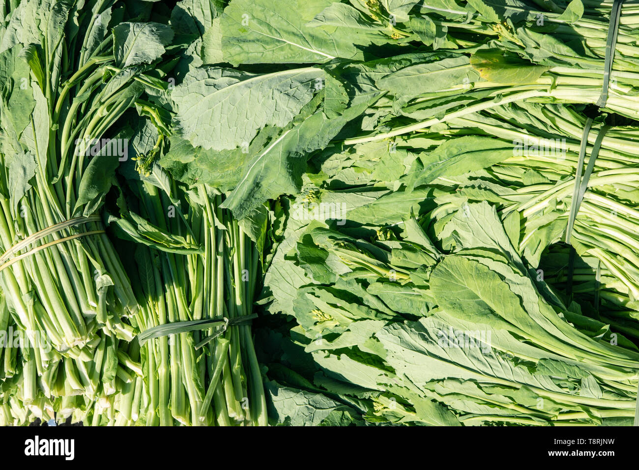 Fresche le cime di rapa al mercato degli agricoltori. Sfondo di cibo Foto Stock