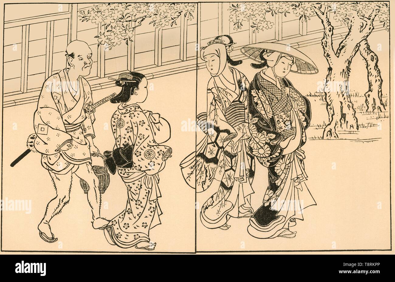 Tre donne e servo maschio, 1730, (1924). Creatore: Nishikawa Sukenobu. Foto Stock