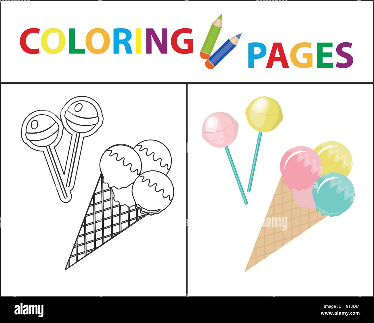 Libro da colorare pagina per i bambini. Gelati e caramelle su un bastone.  Schizzo outline e versione a colori. Educazione dei bambini. Illustrazione  Vettoriale Immagine e Vettoriale - Alamy