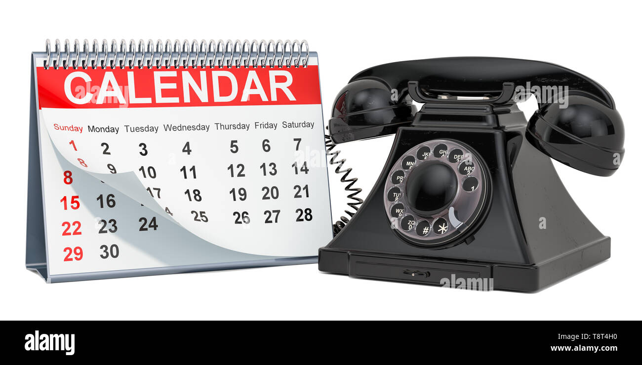 Calendario scrivania con telefono, 3D rendering isolati su sfondo bianco Foto Stock