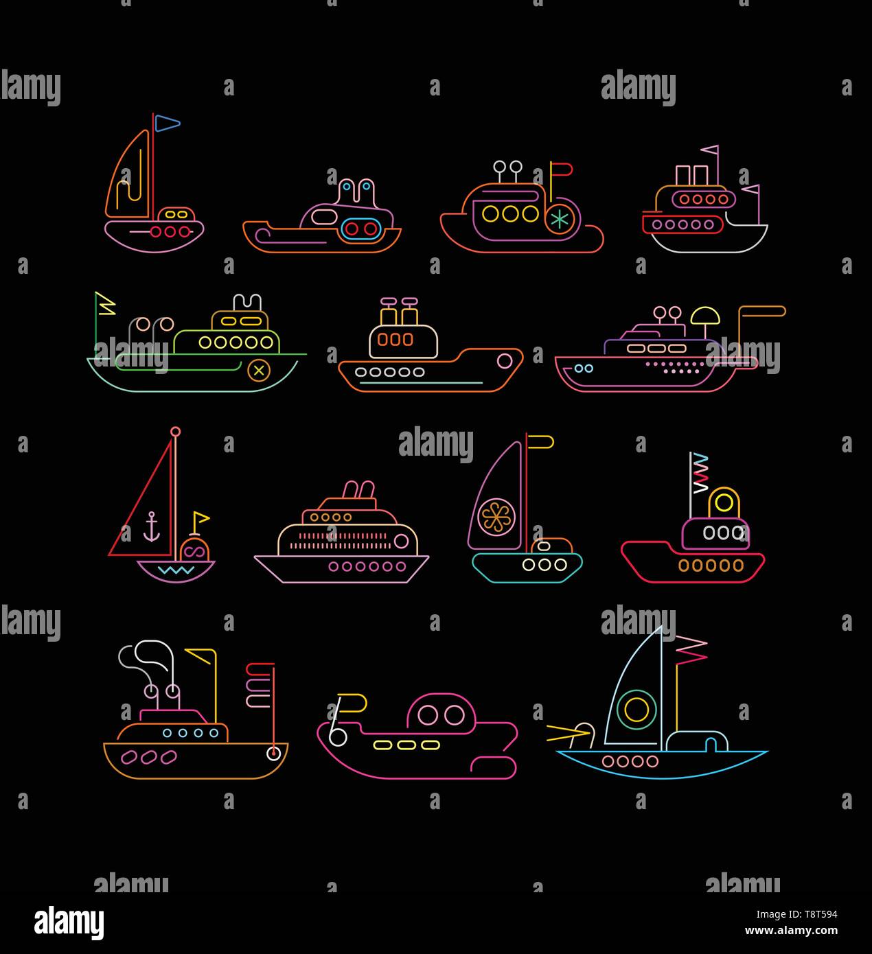 Colori al neon isolata su uno sfondo nero di navi e imbarcazioni vector icon set. Linea silhouette d'arte. Illustrazione Vettoriale