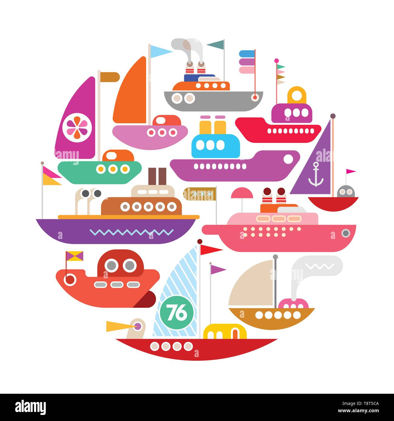 Icone colorate isolato su uno sfondo bianco di navi e yacht forma rotonda illustrazione vettoriale. Illustrazione Vettoriale