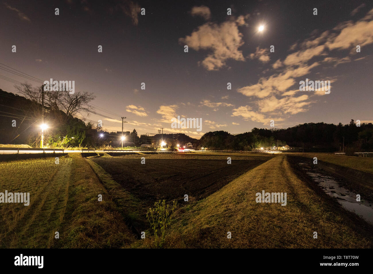 Chiaro di luna brilla nel cielo notturno su rurale di campi di riso nella prefettura di Kyoto Foto Stock